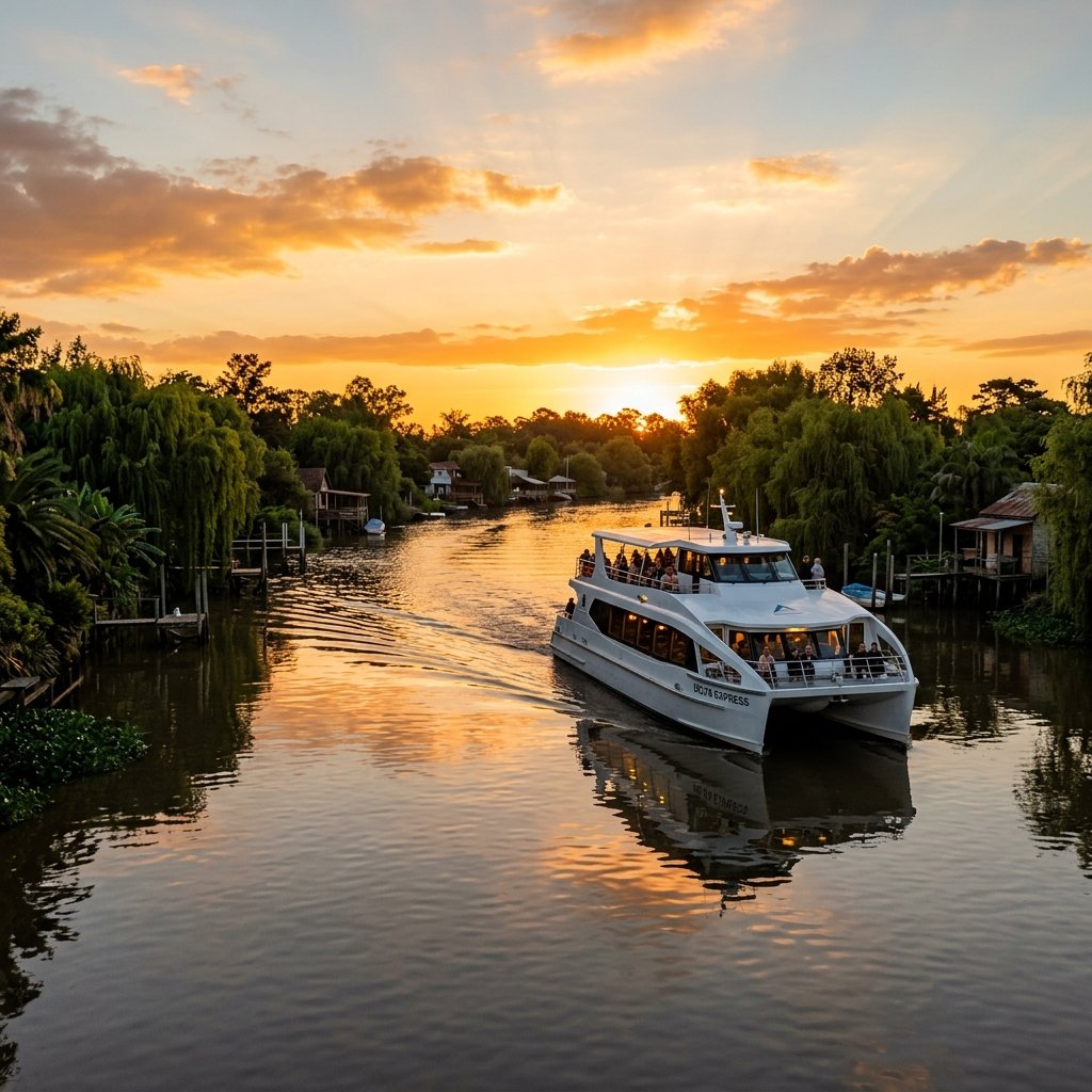 Catamarán navegando en el Delta del Tigre al atardecer